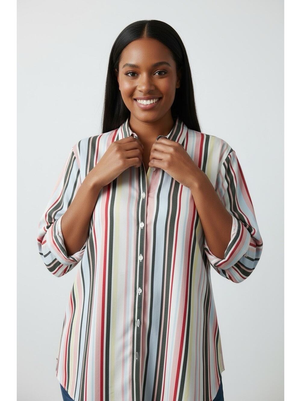 Chico’s No-Iron Chic Stretch Size XXL (4) Multicolor Stripe Button-Up Shirt Top